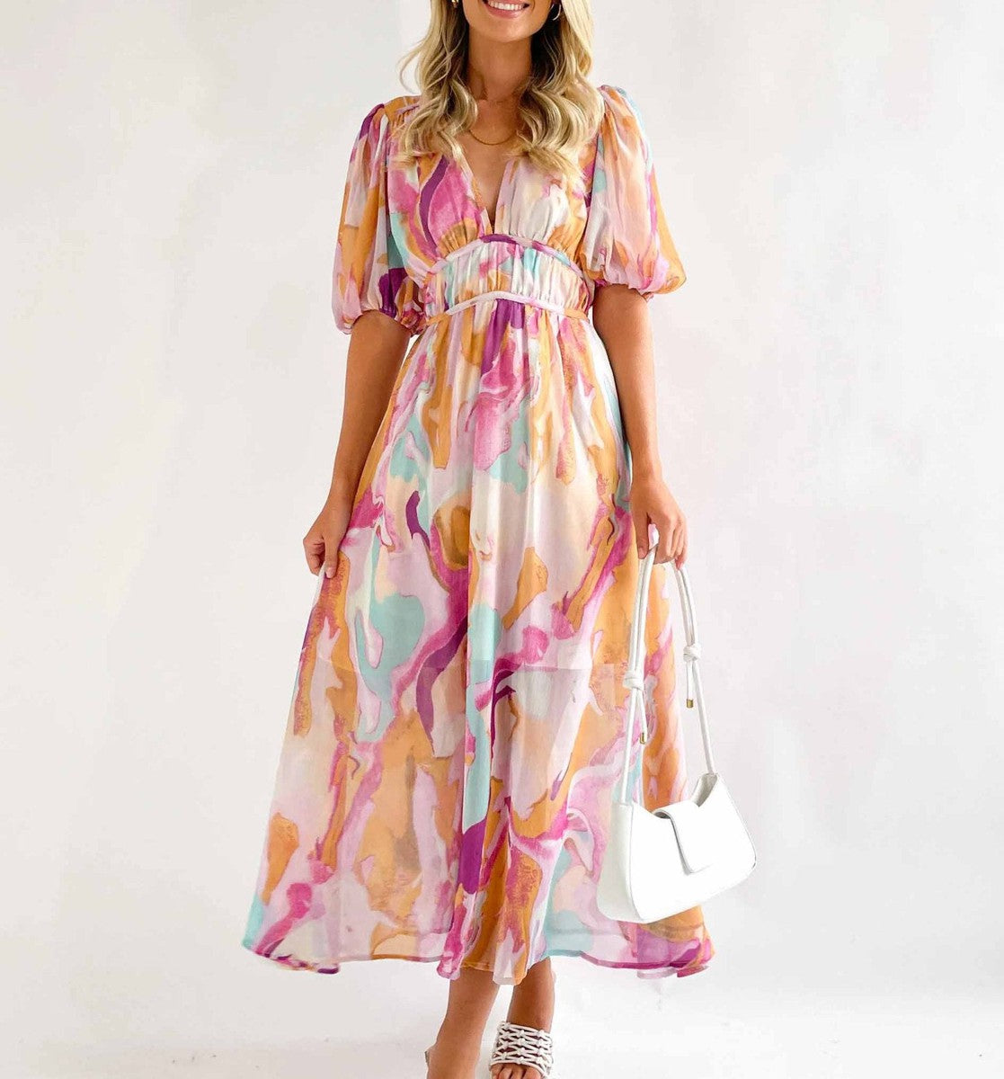 BARBARA™ | Sweet Short Sleeve Pink Maxi Dress